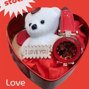 romantic gift box – teddy, love badge & designer watch (perfect for her)