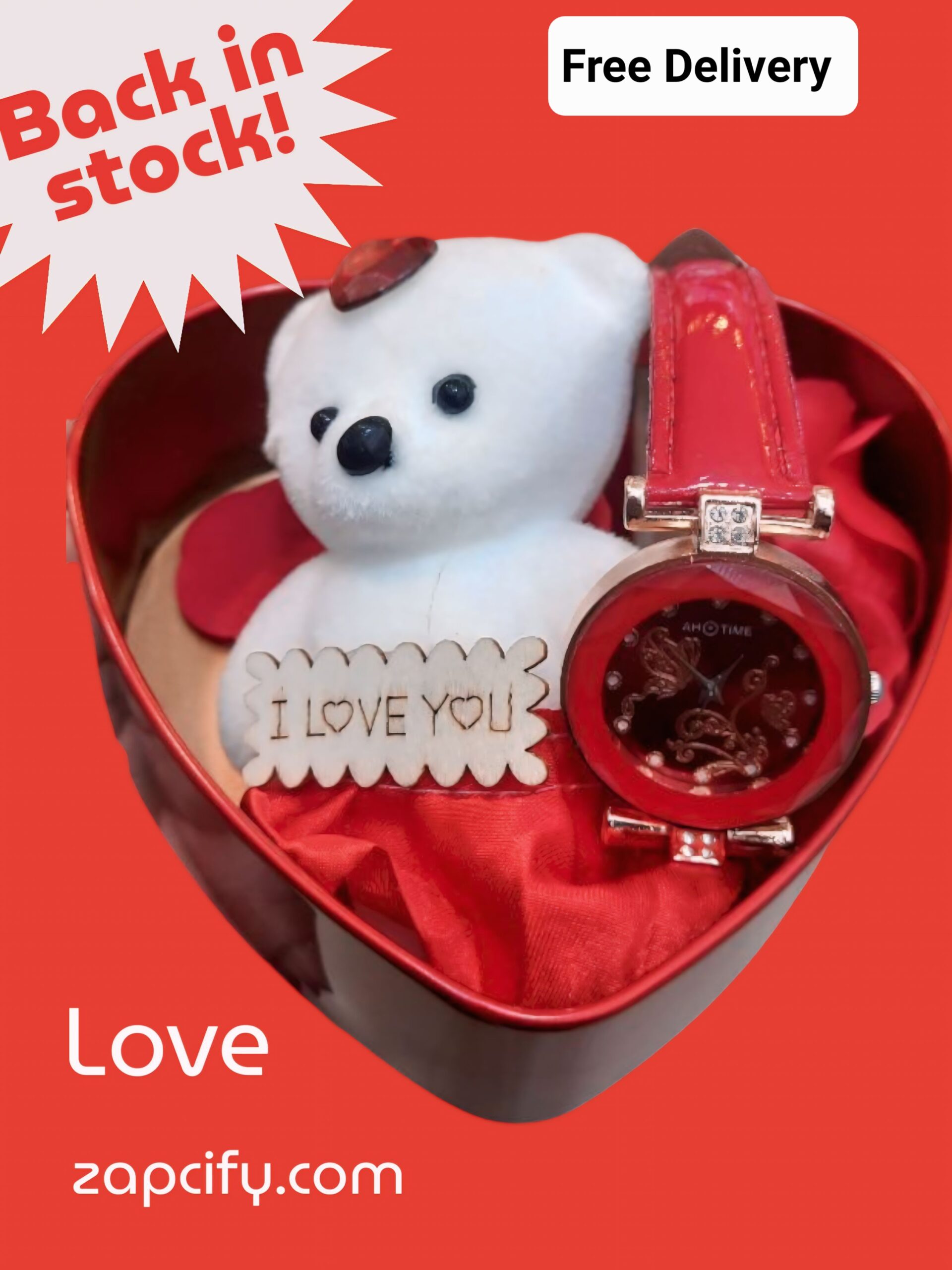 romantic gift box – teddy, love badge & designer watch (perfect for her)