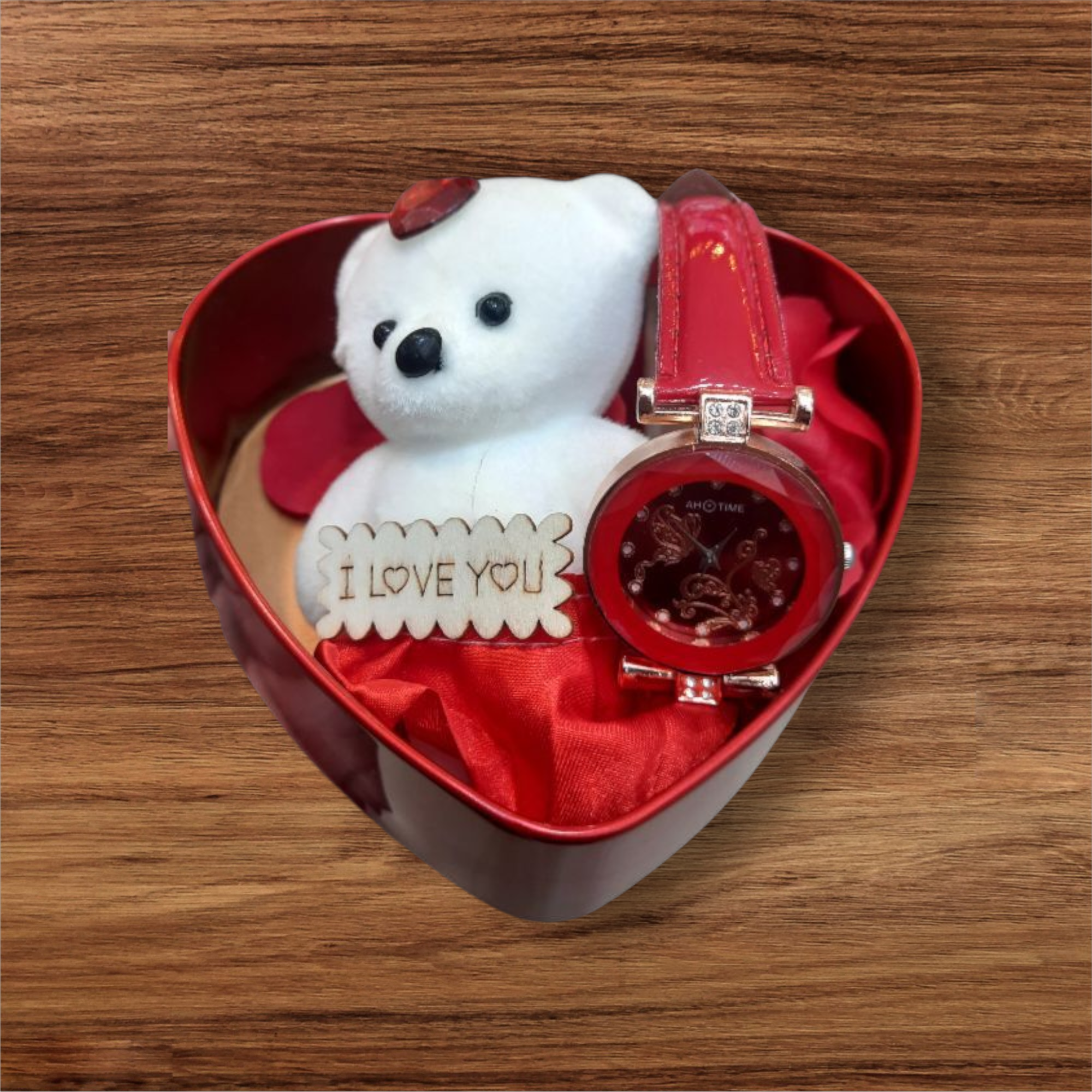 romantic gift box – teddy, love badge & designer watch (perfect for her)